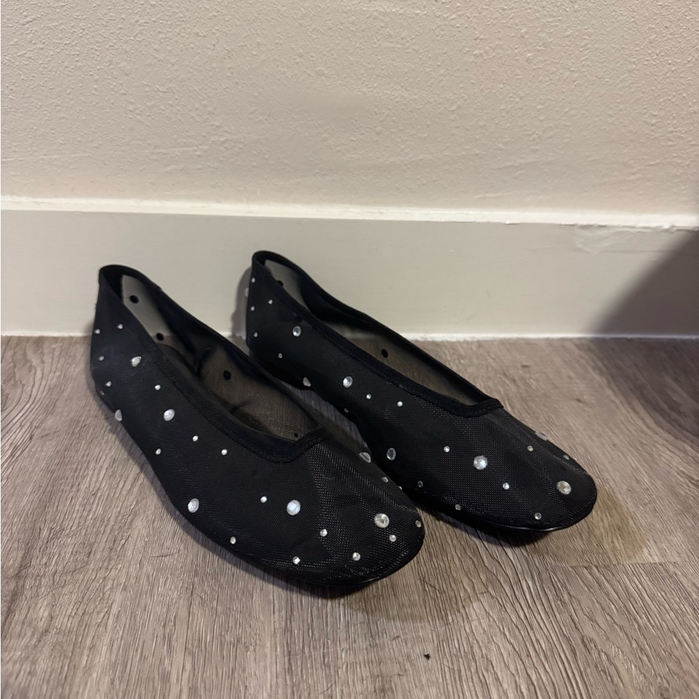 Good American Black Flats with Pearl Accents